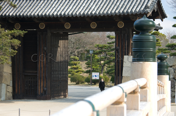 Himeji-jo (castle) on the bridge leading to the gatehouse