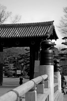 Himeji-jo (castle) on the bridge leading to the gatehouse (black and white)